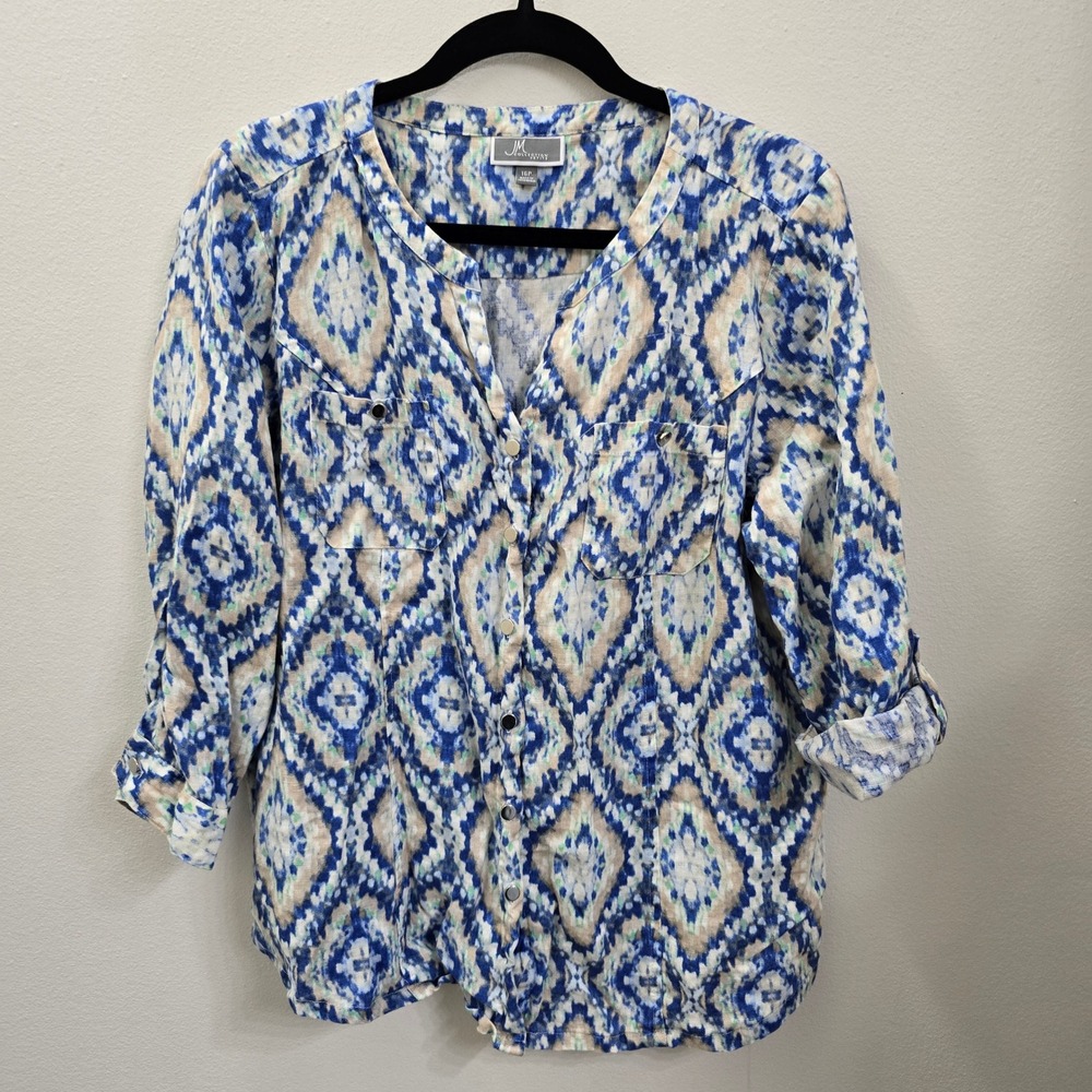 JM Collection Petite Blue Ikat Linen Roll‎ Tab Sleeve Button Down Shirt 16P